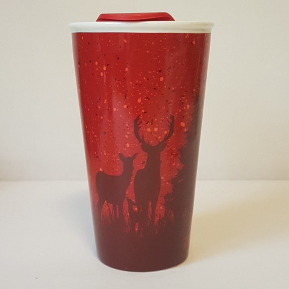 Tim Hortons 2017 Travel Mug Lidded Tumbler Deer Elk Trees Winter Holiday Red - Picture 13 of 16